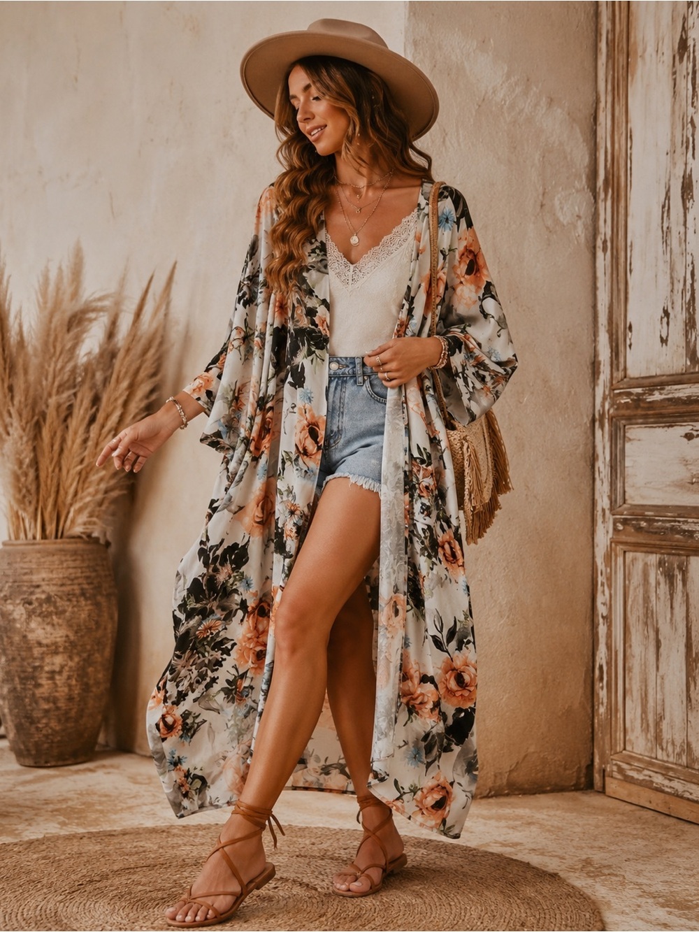 Goodtimes USA Stretch Knit Floral Kimono Cardigan Ivory 1/2 Sleeves Size Small